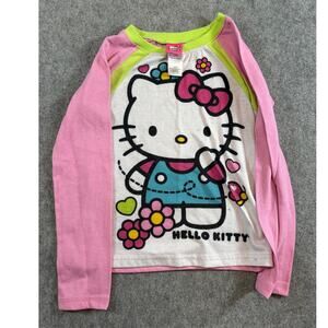Hello Kitty Sanrio Shirt Girls Medium White Pink Graphic Raglan Long Sleeve Tee